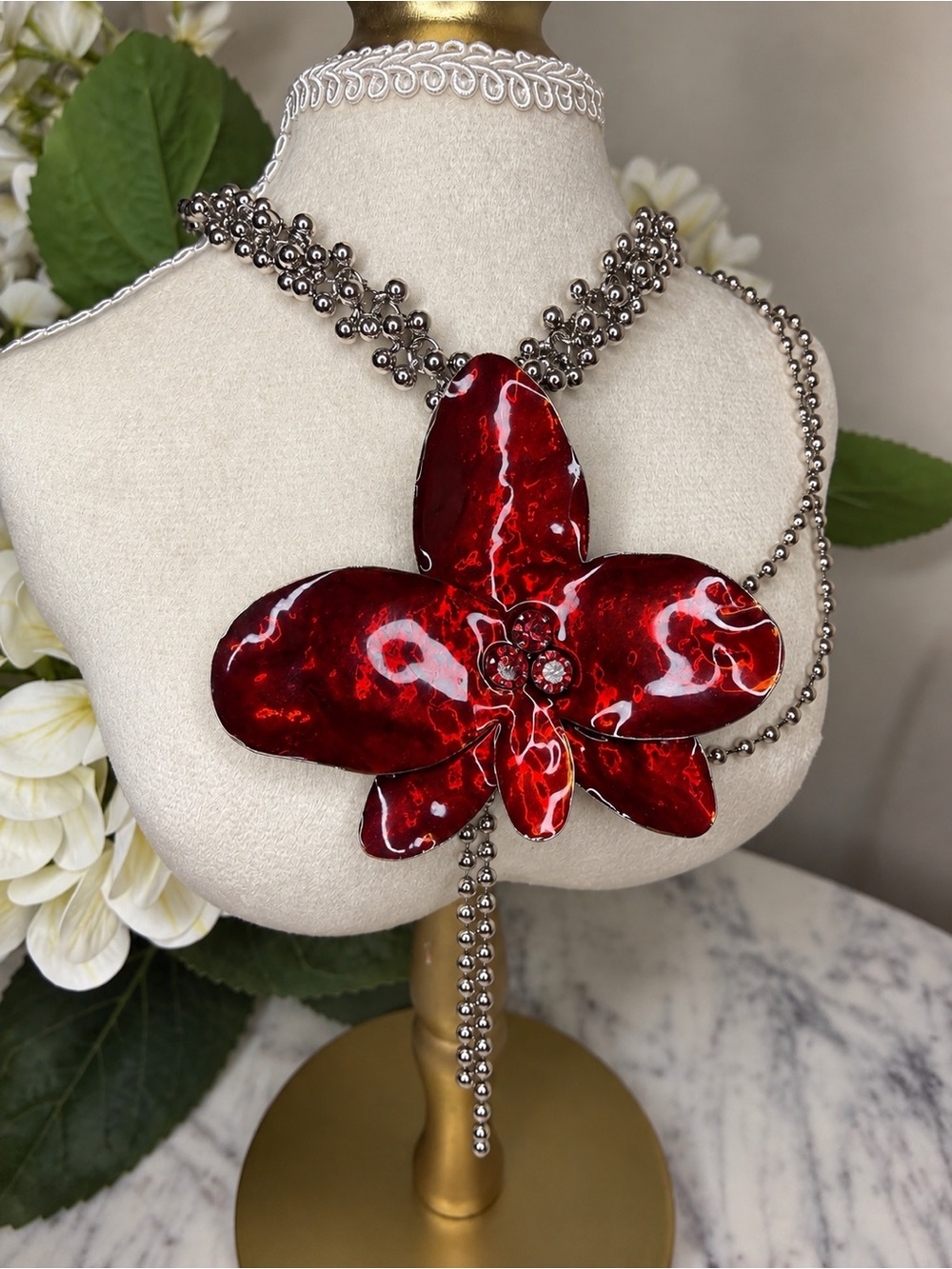 Red Flower Statement Necklace